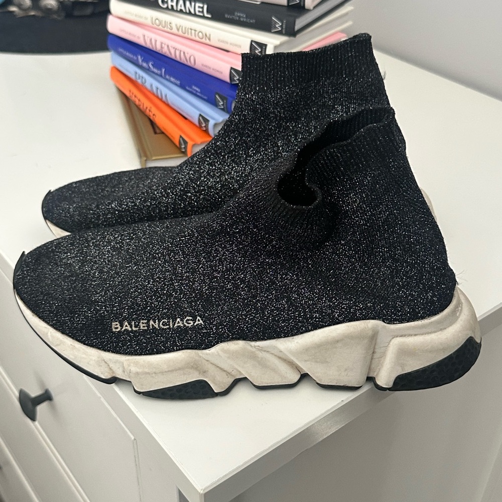 Balenciaga Black and White Glitter Sock Sneakers